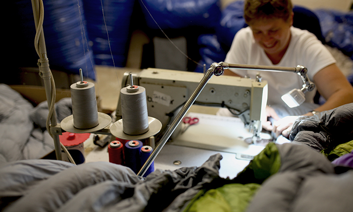 Inside the Rab factory, Derbyshire, hand making down sleeping bags
