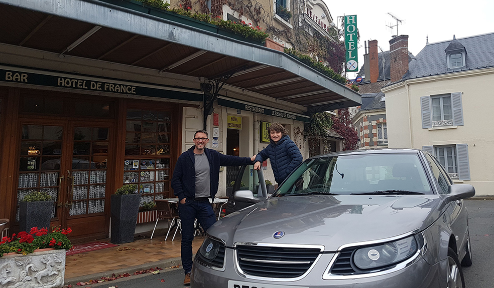 Posing outside the Hotel de France